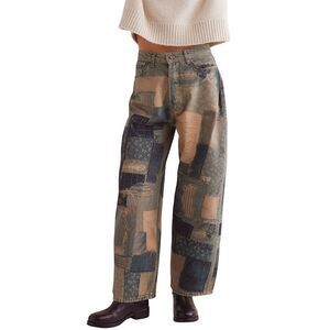 Free People Womens Jeans 27 Illusions Patchwork Barrel Leg Indigo Combo NWT $198